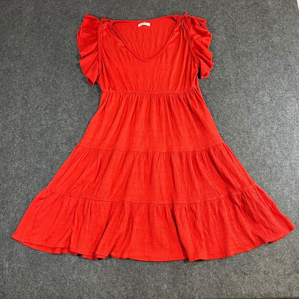 Max Studio Red Flutter Sleeve Tiered Mini Dress V-Neck Crinkle Gauze Cottagecore - Picture 1 of 12